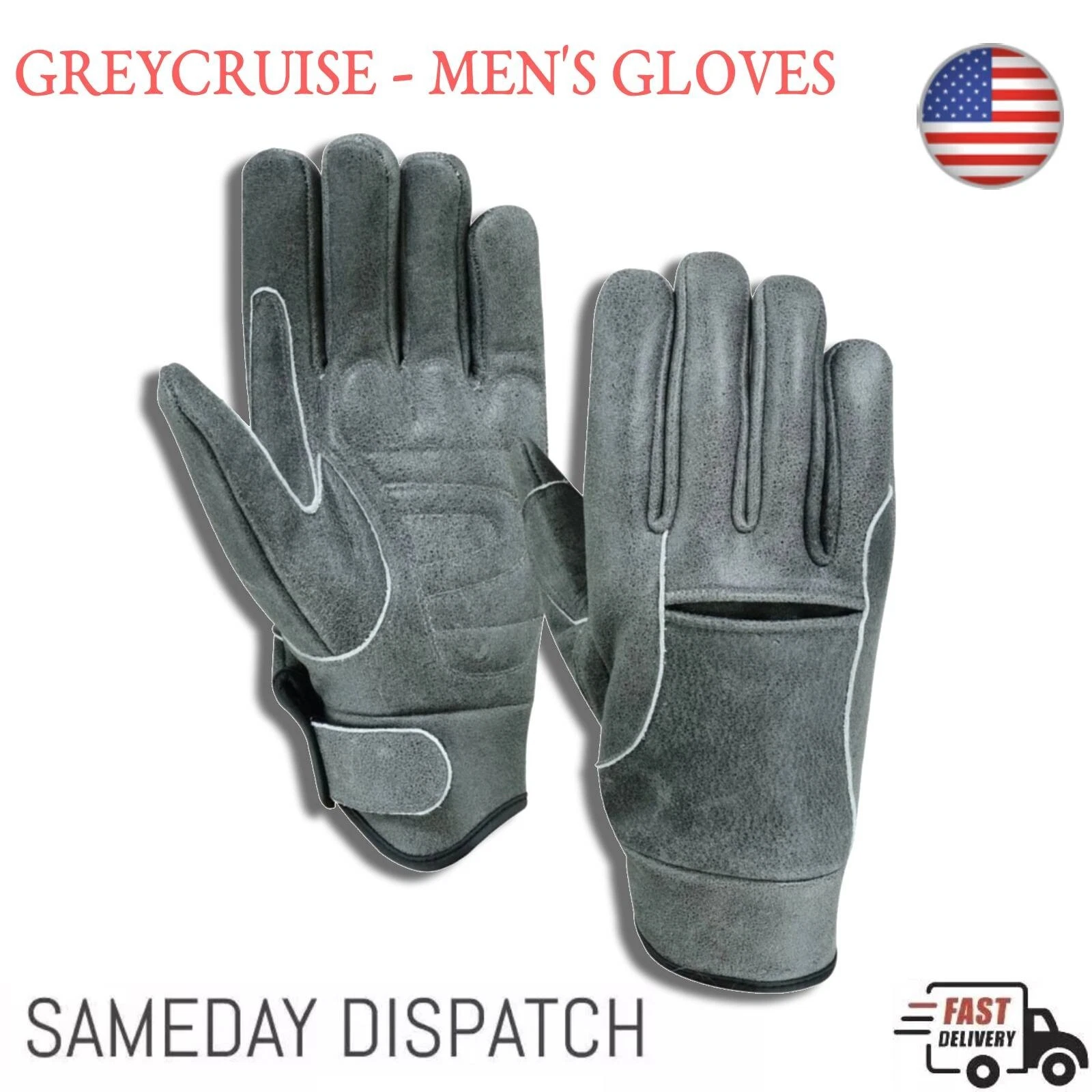 Men's Vintage Goatskin Leather Motorcycle Gloves Gel Padded Gray Cruiser Street