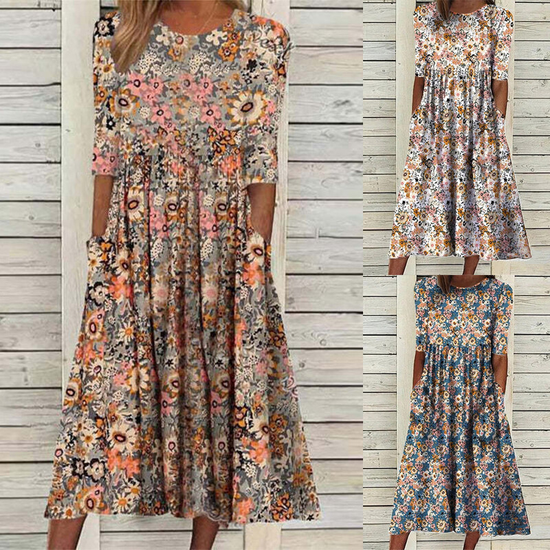 Womens Short Sleeve Floral Midi Dress Ladies Casual Pleated Pocket Swing  Dress  | eBay