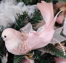 Shabby Chic Victorian Beaded Bird Pink Rose Pearls Clip Christmas Tree Ornament