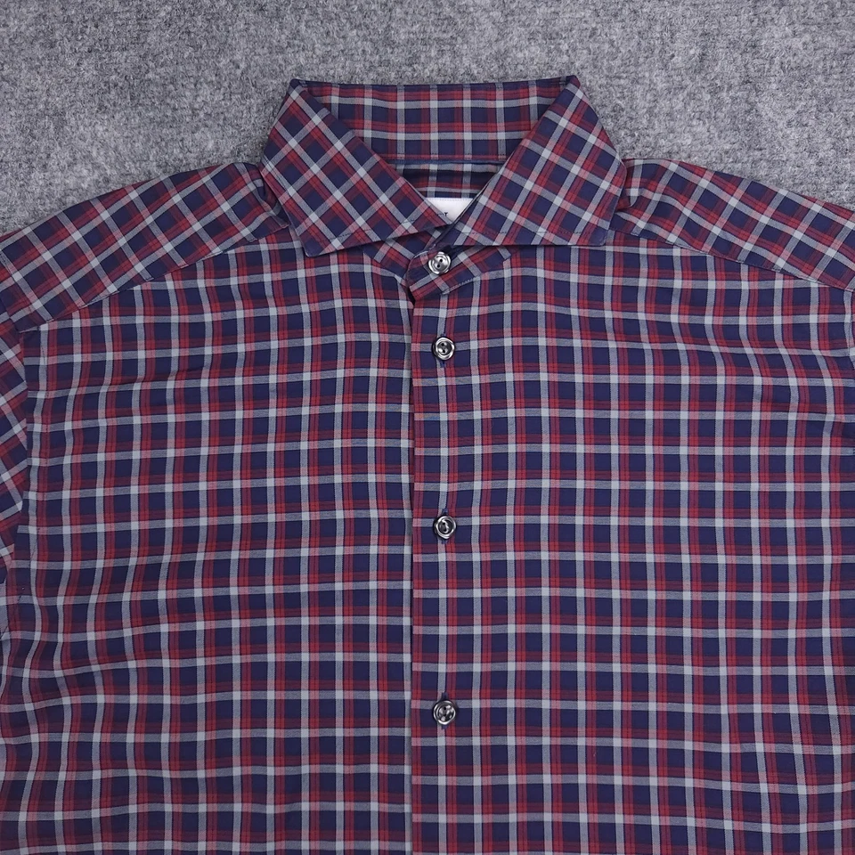 Рубашка мужская Eton средняя 39 15,5 красная синяя клетчатая узкая на пуговицах хлопковая саржа - Изображение 3 из 4