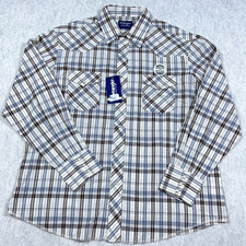 Wrangler Western Shirt Men XL Tan Blue Plaid Pearl Snap Cowboy Yoke Rodeo