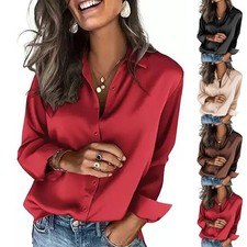 Ladies Satin Silk Blouse Casual Loose OL Work Long Sleeve Button Top T Shirts UK