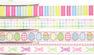 4 Rolls Easter Ribbon 3/8 Inch 40 Yards, Eggs Bunny Stripe Check Ribbons Spring