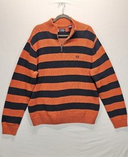Chaps Pullover Sweater Mens XL Orange Navy Striped 1/4 Zip Mock Neck HEAVY