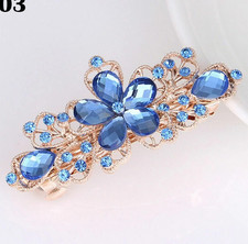 Gold Tone Blue Rhinestone Flower Barrette Hair Clip, Embellished Metal
