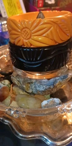 Vintage Bakelite Carved Bangles Bracelets Set Mid-Century Black Orange Jewelry