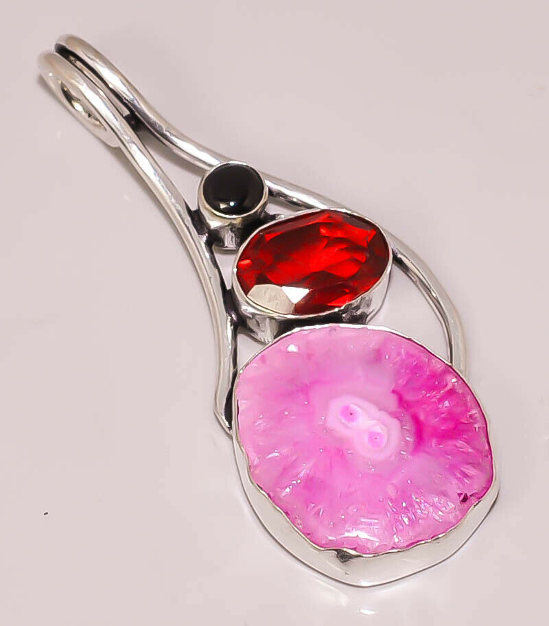 Pink Solar Quartz Druzy Red Garnet Quartz 925 STERLING SILVER PLATED PENDANT