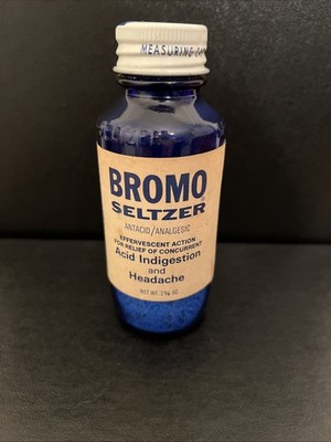 Vintage Cobalt Blue Bromo Seltzer Bottle With Cap and Original Label