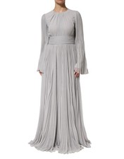 Dolce & Gabbana Grey Pleated Maxi Long Sleeve Silk Blend Gown Women's Dress
