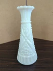 White Milk Glass Bud Vase, 6" Diamond Starburst Scalloped Edge, Vtg 1950s