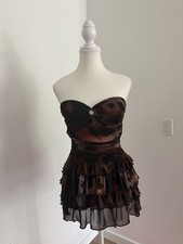Windsor Brown Black Animal Print Mesh Ruffle Mini Dress Sweetheart Tie Size M