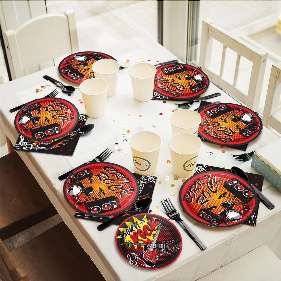 Juego de 96 piezas de suministros de fiesta de música rock para 24 - Vajilla y decoración vibrantes Foto 4 de 4