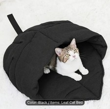 Indoor Cat Kitten Cave Sleeping Bag New Leaf Shape Brim Design BLACK Color