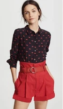 RAILS sz L Kate Washed Black Silk Lips Print Button Up Blouse Shirt