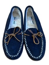 MINNETONKA 40614 Navy Blue Suede Moccasin Slippers Faux Fur Lined Women's 11