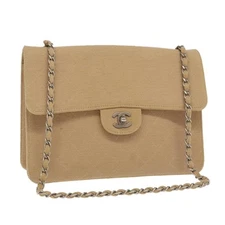 CHANEL Matelasse Chain Shoulder Bag Cotton Beige CC Auth yk15878