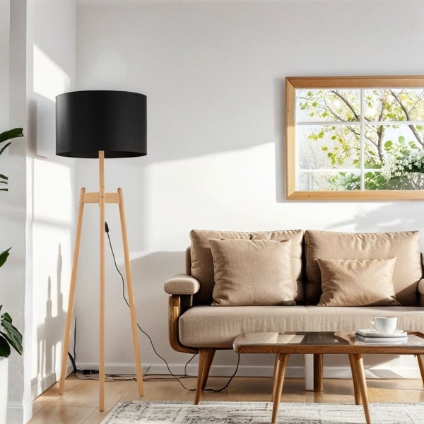 Stehlampe Dreibein Wohnzimmer 168Cm Holz Stoff E27 Natur Schwarz E27 Stehleuchte-image
