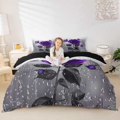 Feelyou Rose Duvet Cover Queen Size Purple (No Comforter), Multi 18