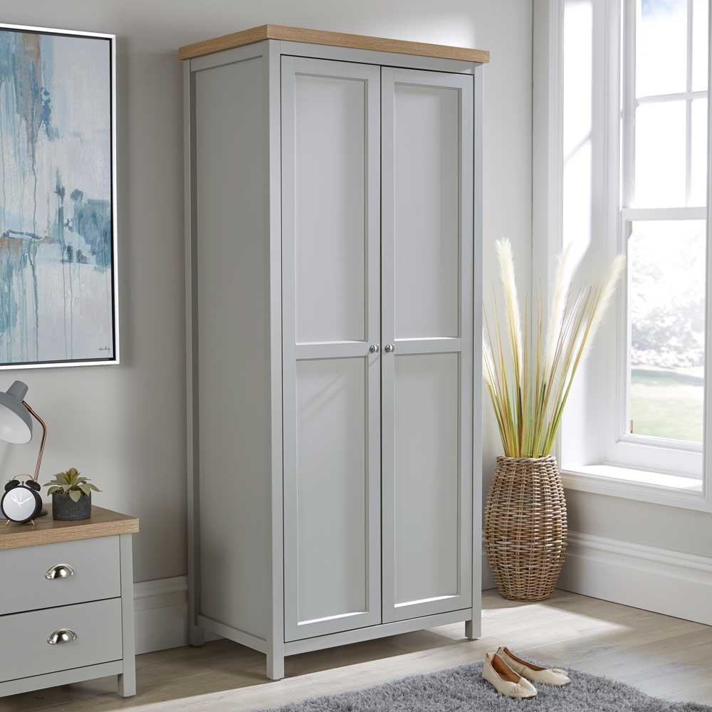 Wardrobe Grey Oak 2 Door Two Tone Wooden Hanging Rail Storage Shelves 36mm Top
