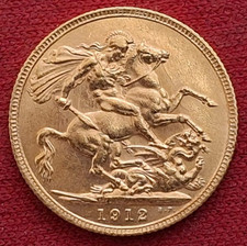 Gold Sovereign - aUNC - 1912 London King George V British Gold Coin 22ct 8g