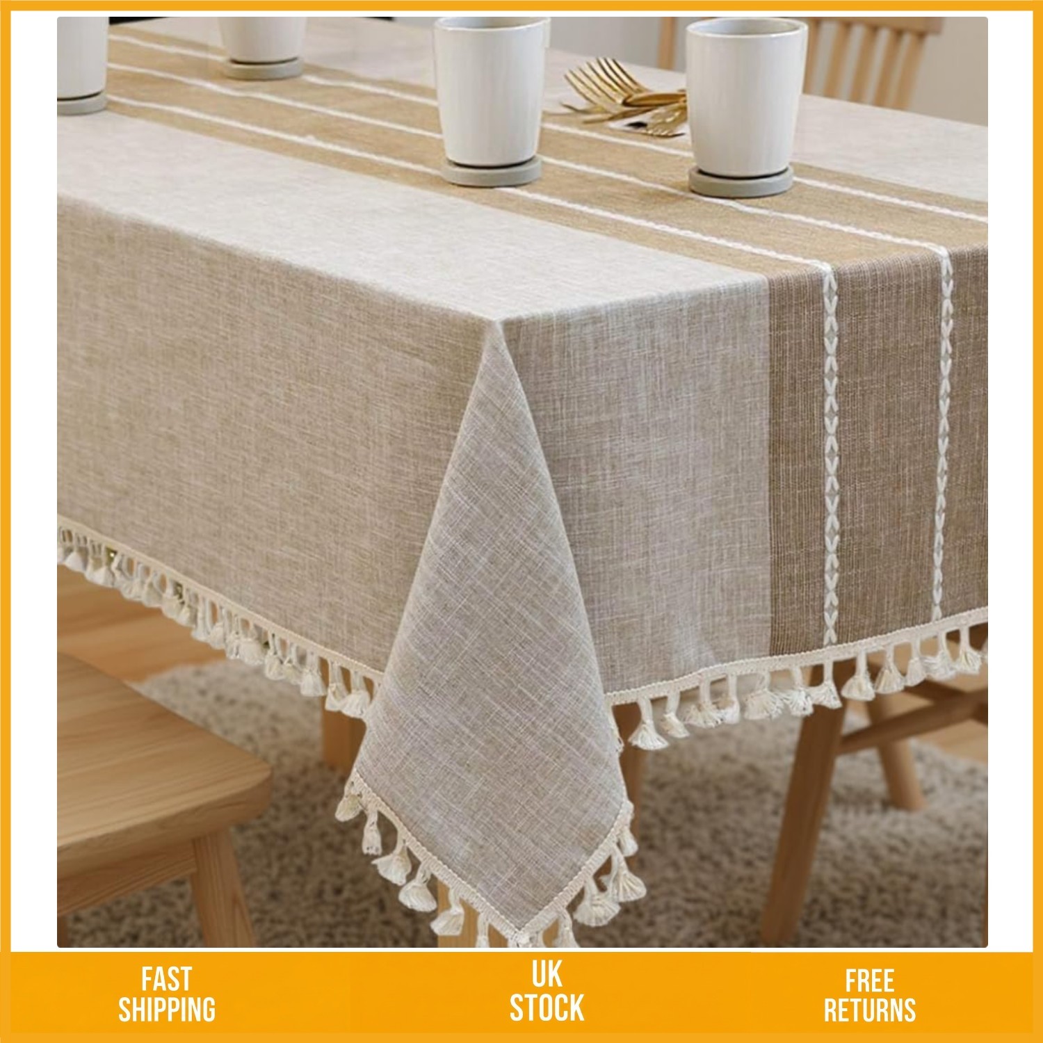 Elegant Rectangle Cotton Linen Tassel Tablecloth Non Slip Coffee 55 x 86 In