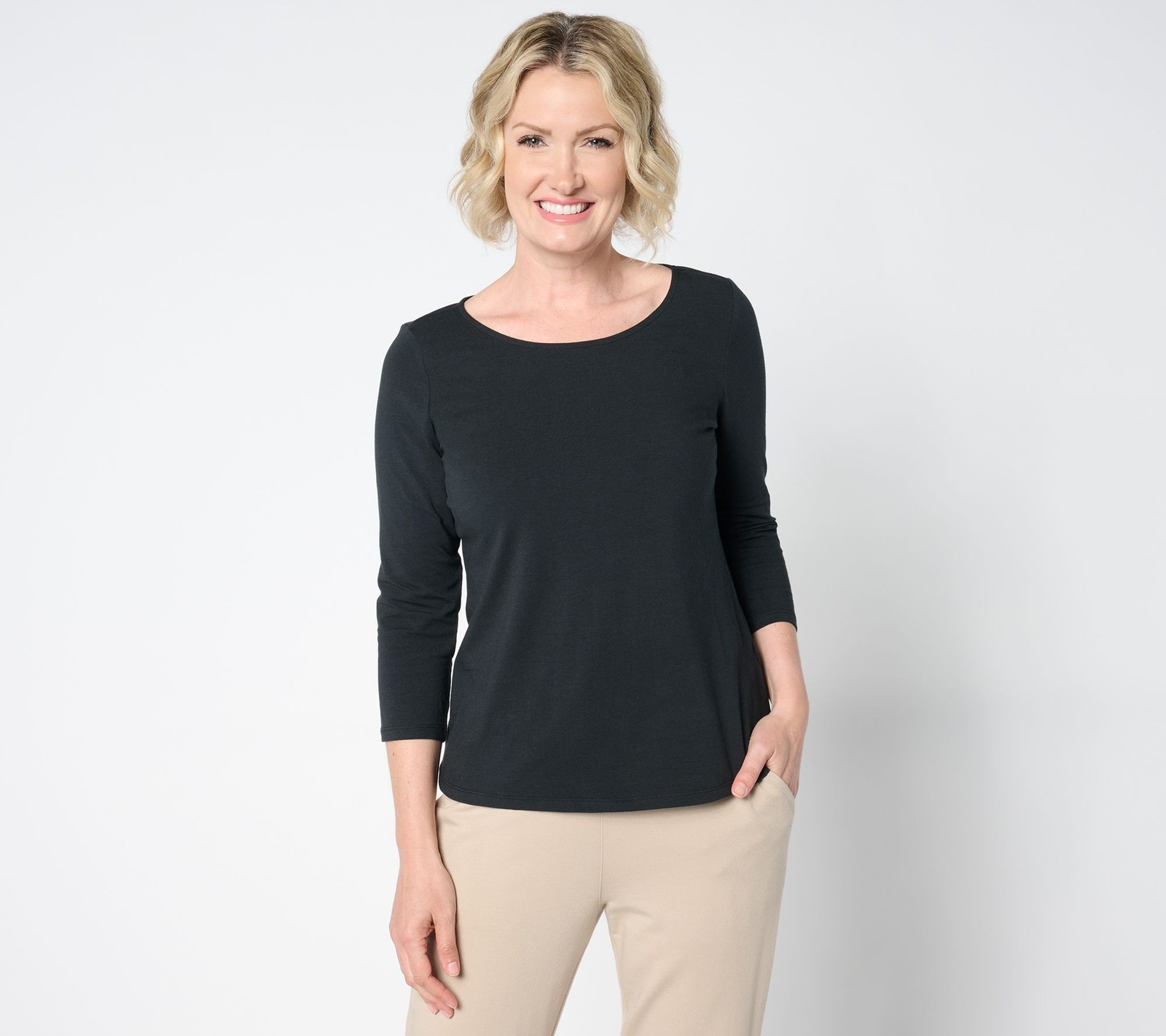 Women Control Women's Top Plus Sz 1X Washed Cotton Ballet Neck Black A663619