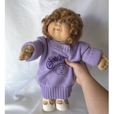 Vintage Cabbage Patch Kids Doll Brown Hair Blue Eyes Purple Sweater 1978 1982