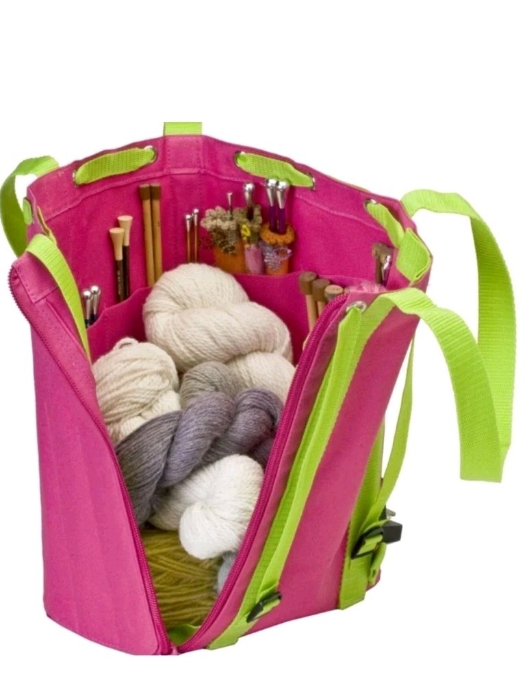 The Original Nantucket Bag/ Backpack Tall Canvas Multi Pocket Vibrant Pink/Green
