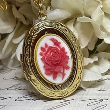 Collar Medallón Camafeo Oro Rosa Blanco Rojo Brillante Colgante Boda Victoriana