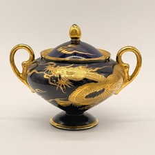 Tashiro Shoten Japanese Porcelain Sugar Bowl Cobalt Blue & Gold Dragon