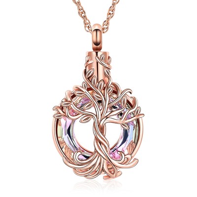 Tree of Life Urn Necklace for Men Women Crystal Circle Memorial Ashes Necklace