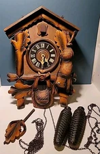 Vtg Germany Black Forest Wood Cuckoo Clock RABBIT Leaves Pendulum 4 Parts Repair