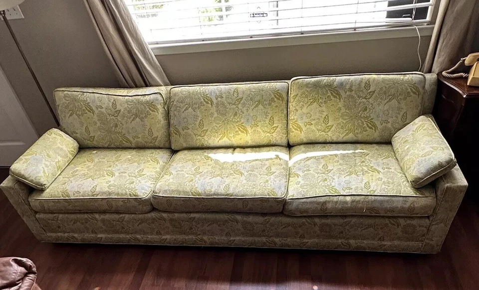 VTG MCM Low Rise Couch 97”x32.5”x28” Yellow Floral Pastel Blue Flowers Pattern - Image 3 of 4