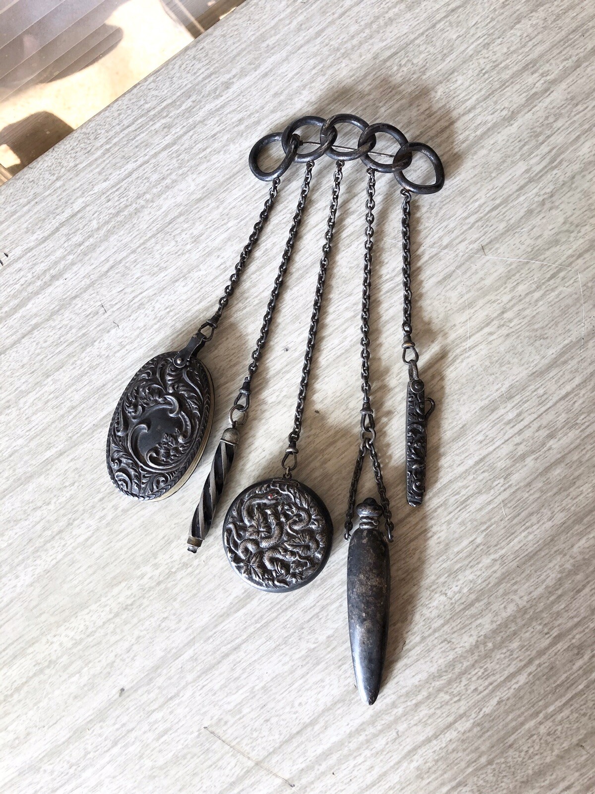 Antique 1880-90 American Silver Chatelaine, 5 Tool, Brooch