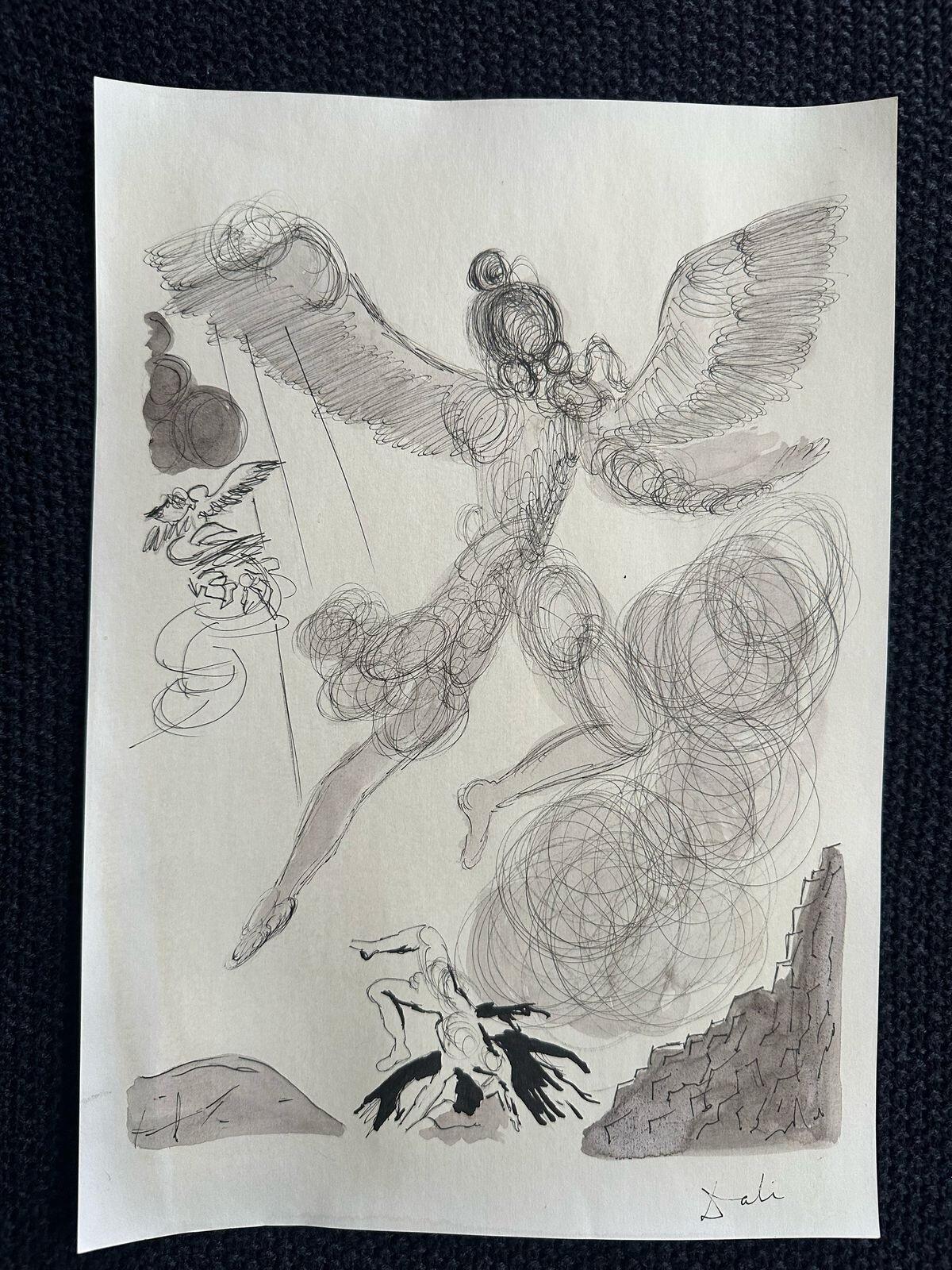 Salvador Dali drawing and painting on old paper signed stamped vintage