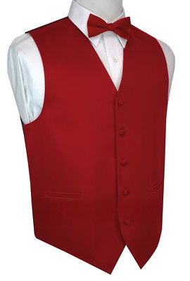 Men's Solid Satin Scarlet Tuxedo Vest Bow-Tie Formal Dress Wedding  Prom