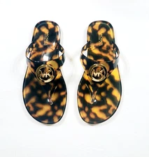 Women MK Michael Kors Lillie Jelly Thong Flat Slide Sandals PVC Leopard Brown