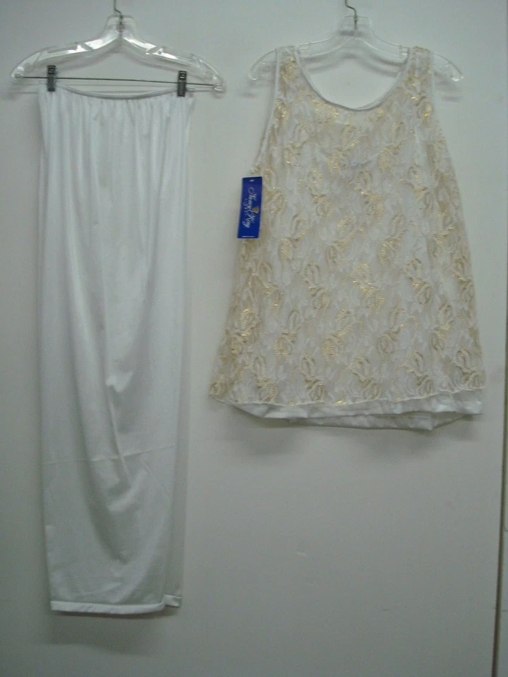 USA Made Nancy King Lingerie 3 Piece Pajamas Sleepwear Size L White/Gold #752N - Image 3 of 3