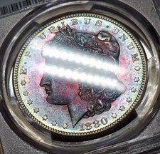 1880 S Morgan Dollar PCGS QC UNC Rainbow Toned Pink & Blue Color Looks Natural