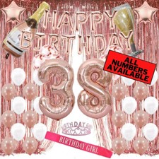 38th Birthday Rose Gold Decorations - 40" Number Balloons, Foil Curtains  More