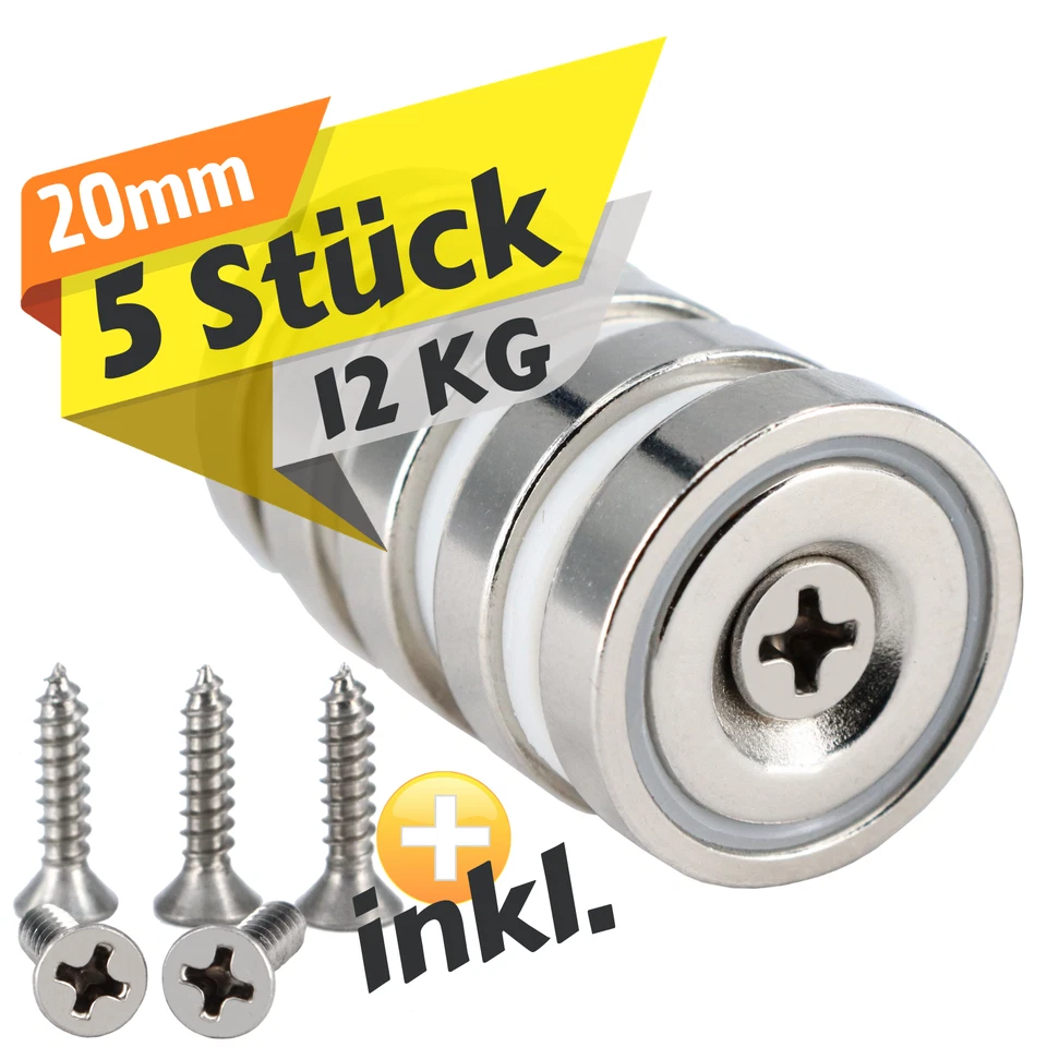 MVT-MAGNETE Neodym Magnete mit Loch Bohrung Senkung 20mm Magnetscheibe 12Kg M4 Schraube