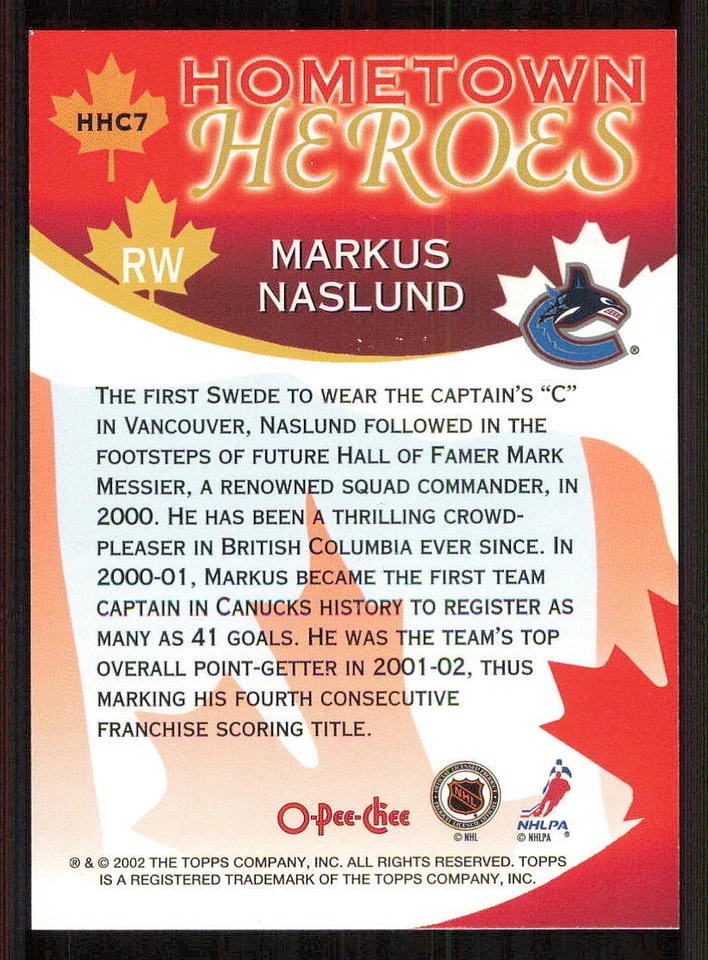 2002-03 O-Pee-Chee Hometown Heroes #HHC7 Markus Naslund - Image 2 of 2