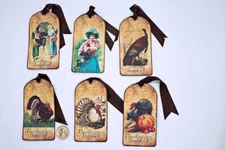 6~Primitive~Thanksgiving~Fall~Vintage Style~Linen Cardstock~Gift~Hang~Tags