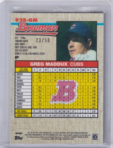 Greg Maddux 2017 Bowman Chrome 1992 Retro Gold Refractor 92B-GM, 23/50 - Bild 2 von 2
