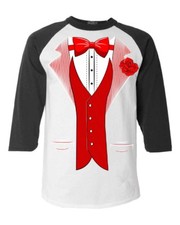 Red Bow Tie Tuxedo Costume Raglan Baseball Rose Boutonniere Prom Suit Shirts