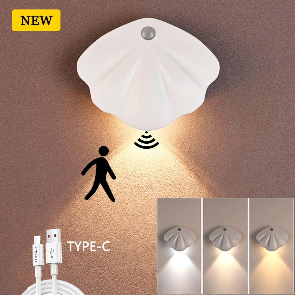 Shell LED Wall Lights Motion Sensor USB Charging Wireless Night Lamp White Black - Picture 2 of 18