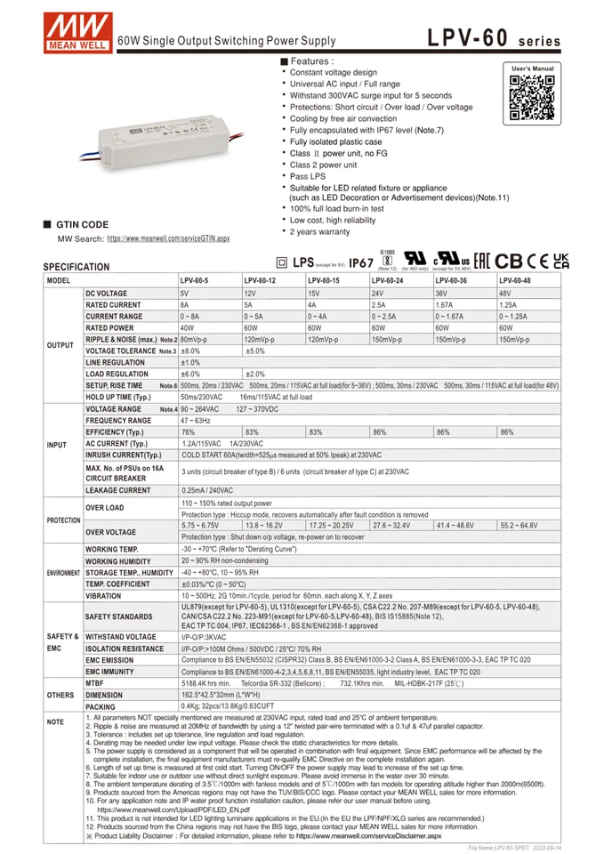 Alimentatore LPV 12V 24V Mean Well Trasformatore Striscia Led Stagno 230V IP67 - Immagine 4 di 4