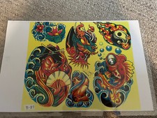  Lot 3 Vintage Tattoo flash art laminated sheet signed Cioana-oo
