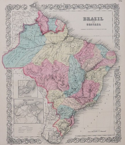 ORIGINAL 1855 COLTON'S HAND COLORED MAP OF BRAZIL AND GUAYANA