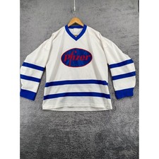 Contak Pfizer Hockey Jersey XL White Blue Vintage Pharma Promo Mesh USA Made 17